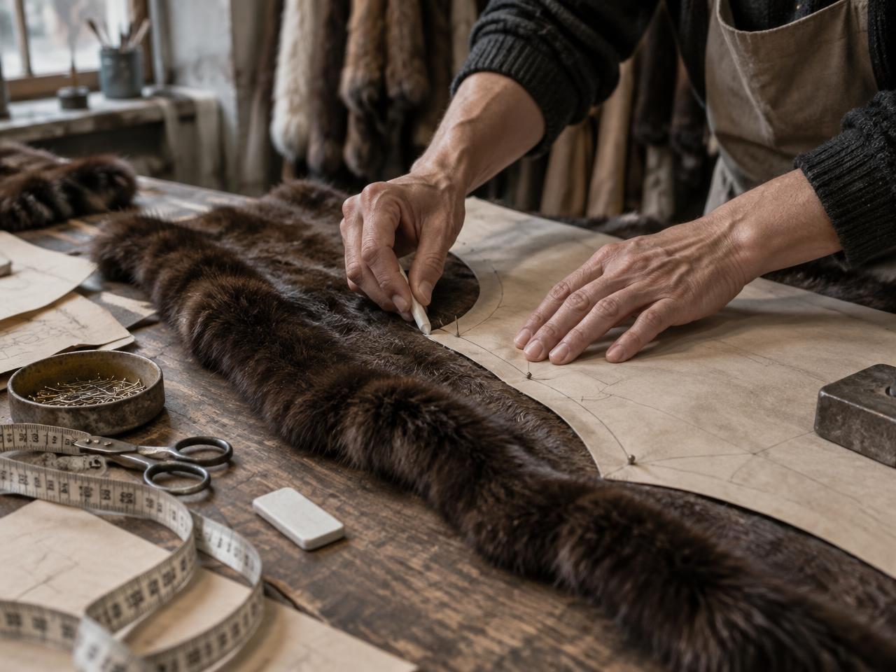 Illustrative close-up of hands marking a paper pattern over a fur panel