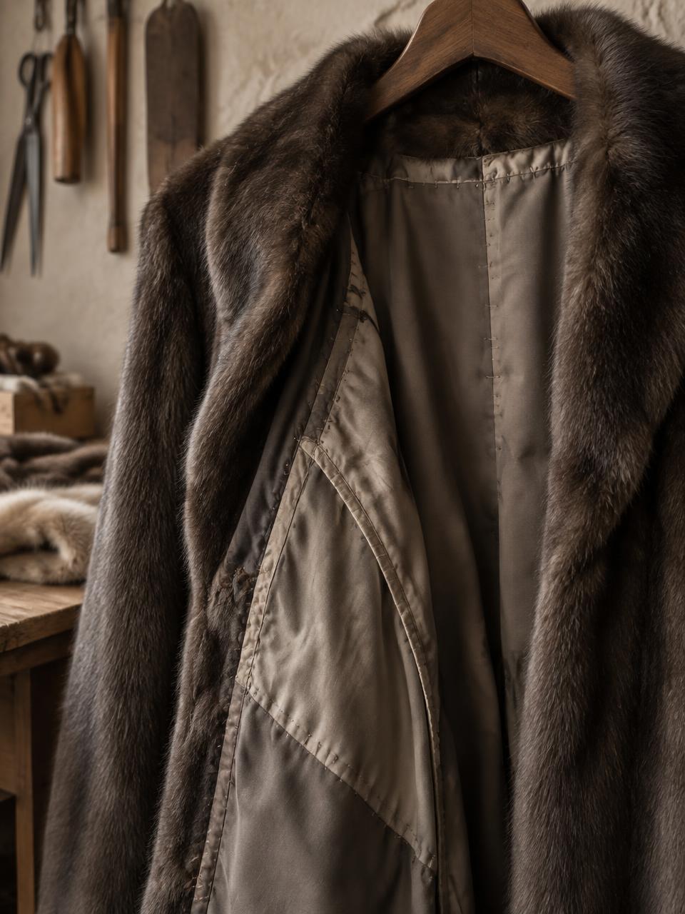 Illustrative atelier study of an opened fur coat showing its lining and internal construction