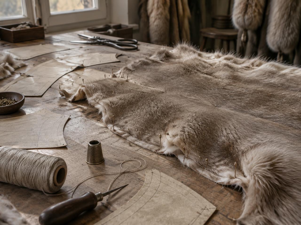 Illustrative atelier study of prepared fur secured on a working board with pattern pieces nearby