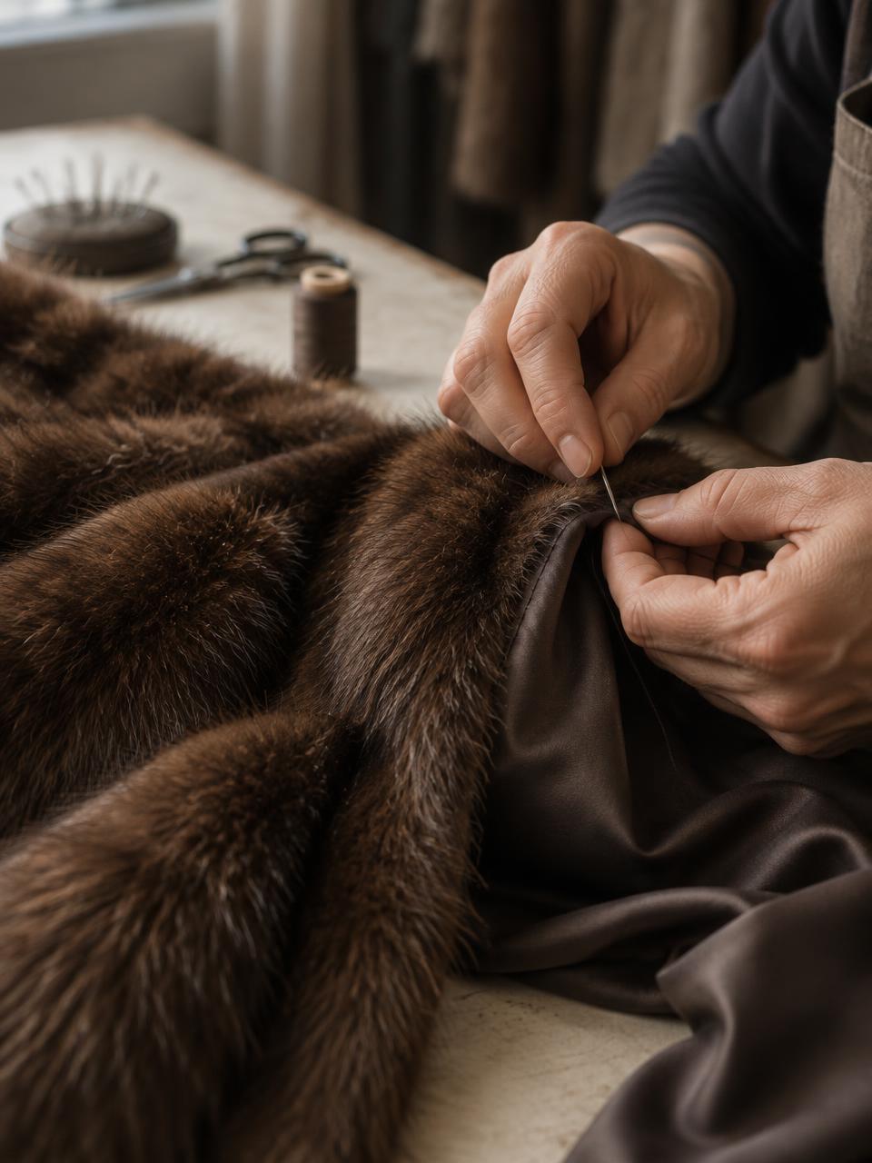 Illustrative close-up of hands sewing a satin lining into a fur garment