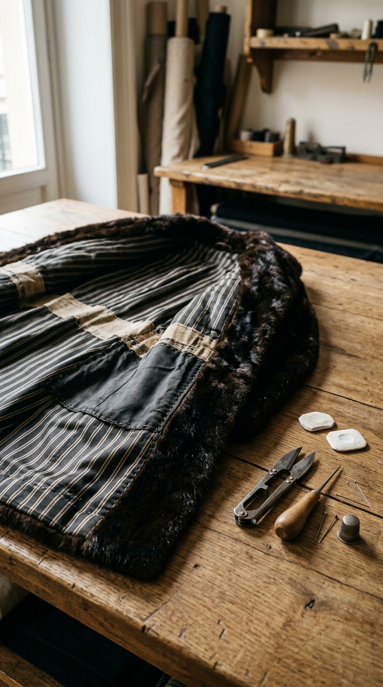 Concept image of a client-owned fur coat opened to show its lining and construction