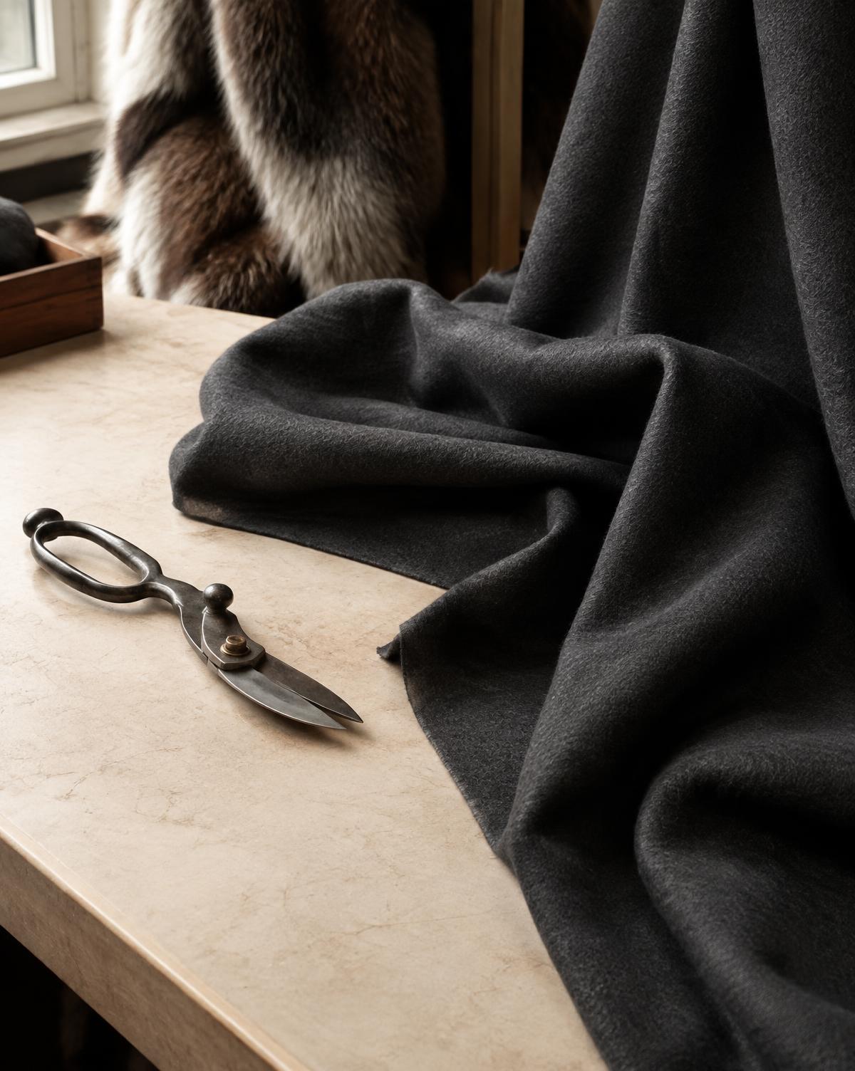 Illustrative detail of a dark vintage garment before transformation