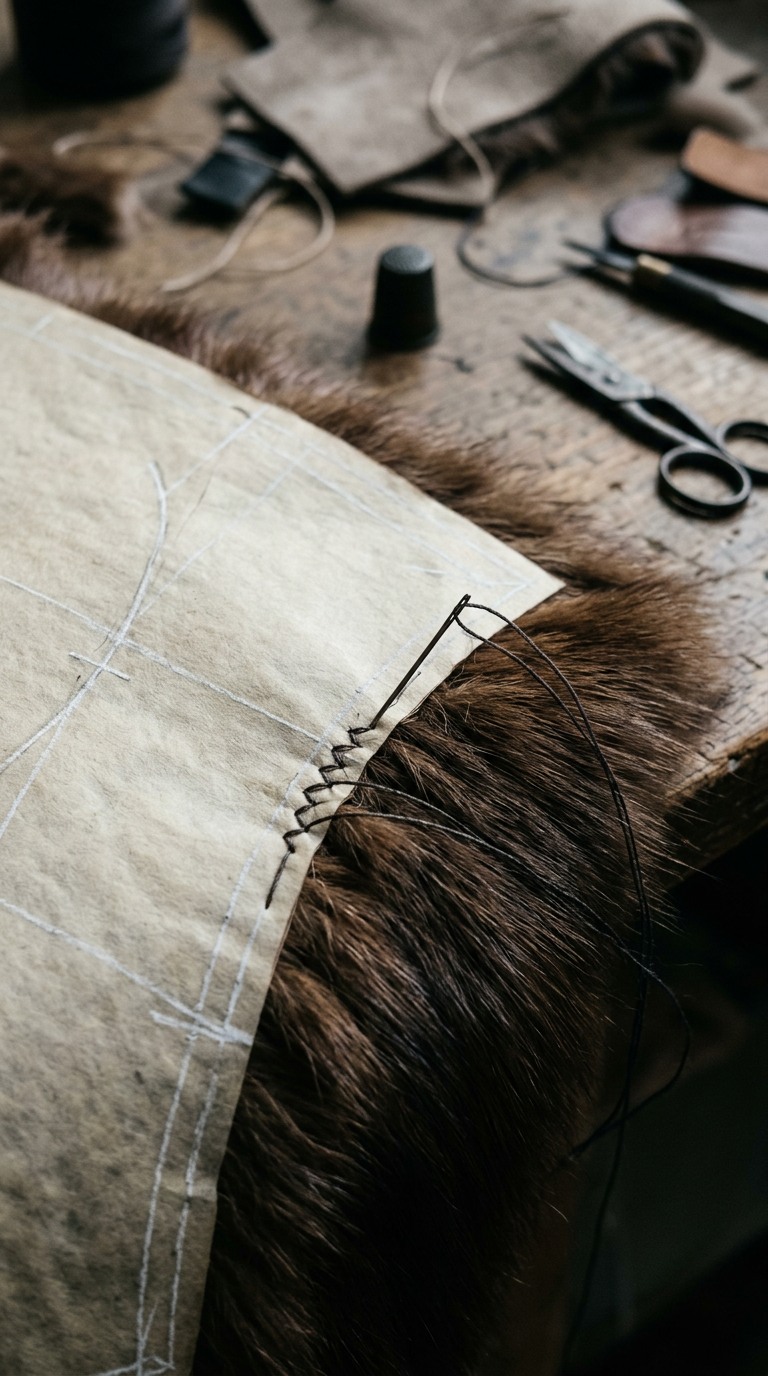 Concept image of a paper pattern being hand stitched to a fur panel